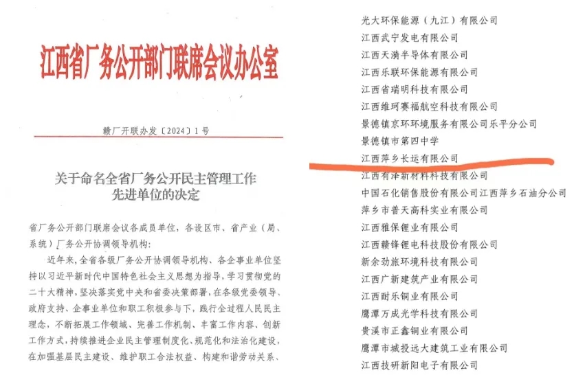 萍鄉(xiāng)長運(yùn):榮獲“江西省廠務(wù)公開民主管理先進(jìn)單位”稱號(hào)